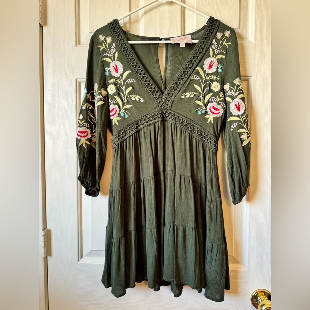 Francesca's Olive Green Embroidered V-Neck Tiered Dress - Picture 2 of 10